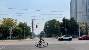 Haze from wildfires burning in northeastern Ontario and Quebec can be seen in Waterloo on June 6, 2023. (Alison Sandstrom/CTV News)