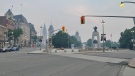 A smoky haze blankets downtown Ottawa on Wednesday afternoon, as smoke from wildfires in northern Ontario and Quebec moves through the region. (Josh Pringle/CTV News Ottawa)