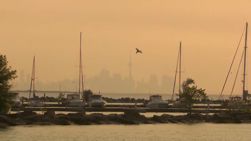 The City of Barrie has a haze over it as wildfires burn across Ontario and Quebec on Tues., June 6, 2023. (CTV News Barrie)