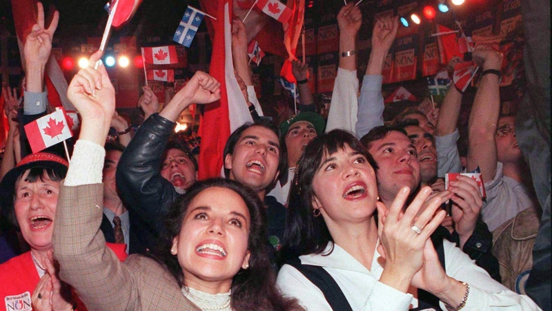No supporters respond to poll results, in Montreal Monday, Oct. 30, 1995 as the pro-Canada camp move above 50 percent of the popular vote on their way to a slim victory in the Quebec referendum. Sunday marks the 10th anniversary of the Quebec sovereignty referendum vote that was held on Oct. 30, 1995. THE CANADIAN PRESS/Jacques Bossinot