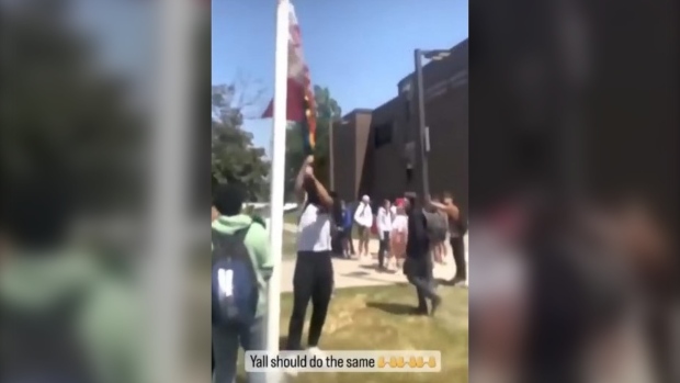 Video shows students tearing down a pride flag at Sr Frederick Banting Secondary School in London, Ont. on June 6, 2023. (Source: Submitted)