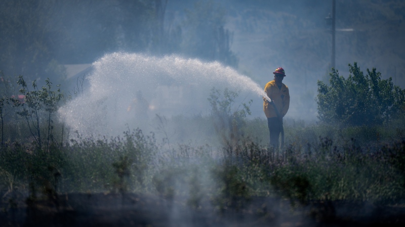 A firefighter directs water on a grass fire on an acreage behind a residential property in Kamloops, B.C., Monday, June 5, 2023. No structures were damaged but firefighters had to deal with extremely windy conditions while putting out the blaze. THE CANADIAN PRESS/Darryl Dyck