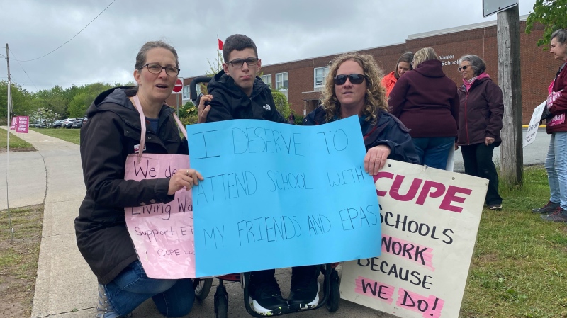 Abraham Nakad joined Halifax area CUPE support workers on strike outside Georges P. Vanier Junior High School in Fall River, Nova Scotia on Wednesday, June 7, 2023. (CTV Atlantic/Jesse Thomas).