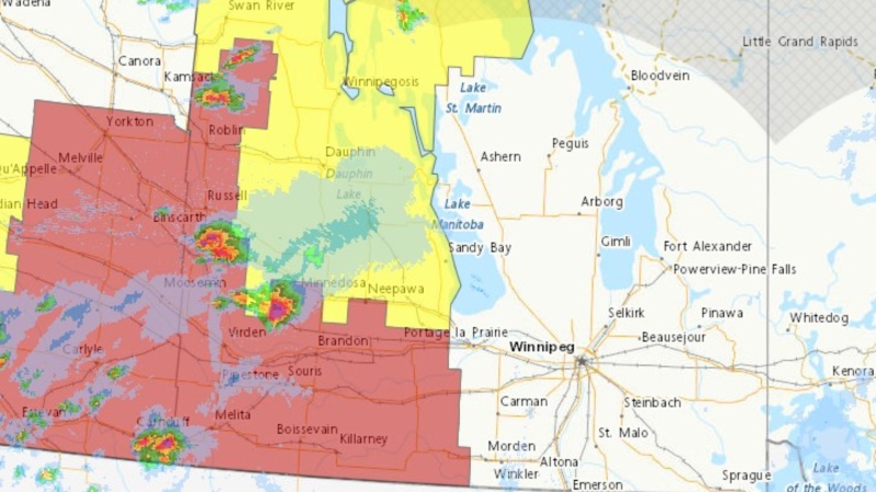 A tornado warning was issued in the R.M. of Oakview including Oak River and Rapid City on June 7, 2023. (Source: Environment and Climate Change Canada)