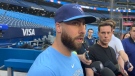 Toronto Blue Jays relief pitcher Anthony Bass gives a statement to media ahead of interleague baseball action against the Milwaukee Brewers in Toronto on Tuesday, May 30, 2023. Pride Toronto director Sherwin Modeste said that Bass's apology for supporting anti-LGBTQ+ boycotts on social media was a "first step," but that it's important "it goes beyond an apology." THE CANADIAN PRESS/John Chidley-Hill