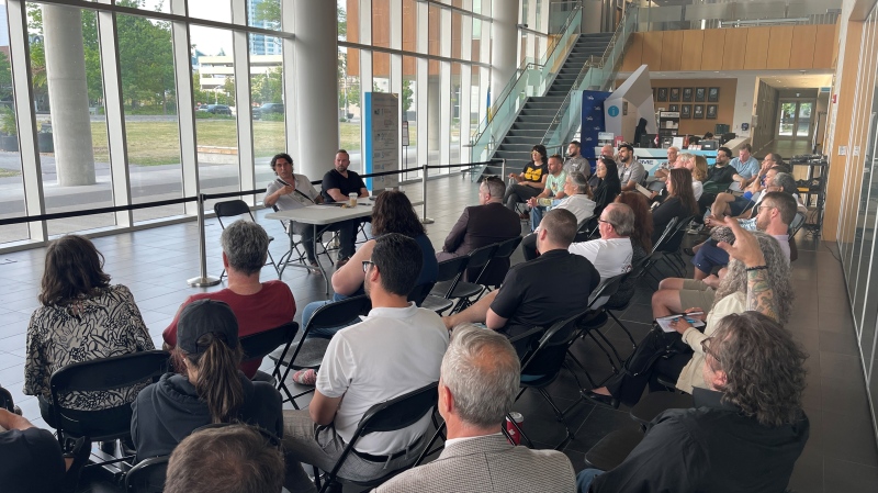 Dozens of people attended a town hall meeting at city hall in Windsor, Ont., on Wednesday, June 7, 2023. (Travis Fortnum/CTV News Windsor)