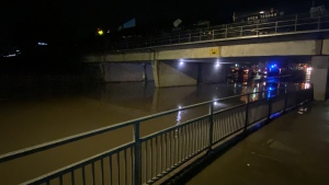 The underpass at Albert Street and Saskatchewan Drive flooded once again following heavy rain Wednesday night. (ColeDavenport/CTVNews)