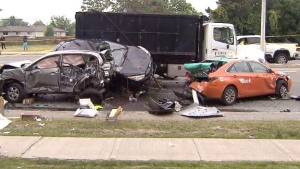 Nine people have been taken to hospital after an eight vehicle crash in Mississauga. (CTV News Toronto)