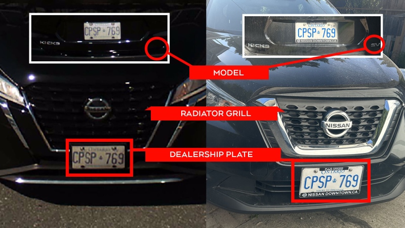 The car tolled on Highway 407 (left) compared to Obioma Dike's car (right).  