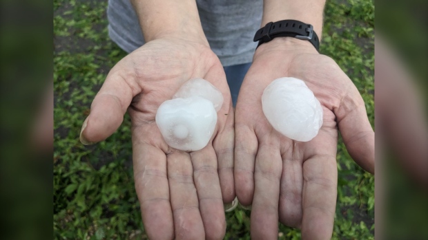 A photo of the hail that fell in Oak River, Man., during a severe thunderstorm on June 7, 2023. Environmental and Climate Change Canada says in some areas the hail was the size of softballs. (Submitted: Mark Darroch)