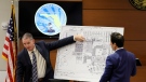Using a diagram of the school, Coral Springs Police Sgt. Jeffrey Heinrich, left, speaks about his location and his understanding of the gunman's location during the 2018 shootings as he testifies during the trial of former Marjory Stoneman Douglas High School School Resource Officer Scot Peterson, Thursday, June 8, 2023, at the Broward County Courthouse in Fort Lauderdale, Fla. Peterson is charged with child neglect and other charges for failing to stop the Parkland school massacre five years ago. (Amy Beth Bennett/South Florida Sun-Sentinel via AP, Pool)