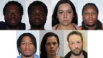 Quebec's intigrated pimping squad has arrested four suspects (top row from left to right: Gerald Junior Charles, Garrentz Celestin, Kimberly Champagne, and Jimson Pierre) and is looking for three suspects (bottom row from left to right: Benjamin Chavannes, Vicky Belanger, and Sebastien Thibeault) in connection with a series of pimping crimes. SOURCE: EILP