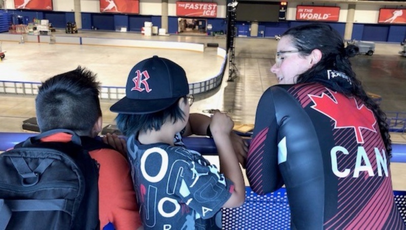 Alison Desmarais takes students from Siksika Nation on a tour of the Olympic Oval through Classroom Champions on Thursday, June 8, 2023.