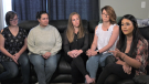 Former Coventry Homes employees Tessa Thomson, Anne Guenther, Kaitlyn Ross, Caitlin Garrioch, Jessica McNabb (from left to right) in an interview with CTV News Edmonton on June 2, 2023. (CTV News Edmonton)