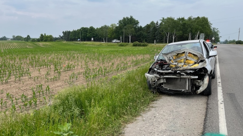 A damaged car following a crash in Norfolk County. (Twitter: @OPP_WR) (June 9, 2023)