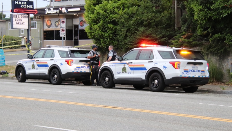 Burnaby RCMP are at the scene of an early morning stabbing at Kingsway and Griffiths Avenue on Friday, June 9, 2023. (Credit: Shane MacKichan)
