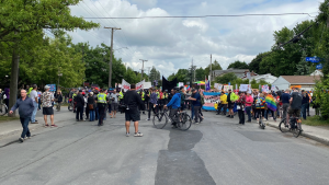 Members of Community Solidarity Ottawa, Horizon Ottawa, community groups and residents held a counter-protest near two Ottawa schools on Friday. (Natalie van Rooy/CTV News Ottawa)