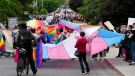 Counter protesters carry Pride and Trans Pride flags to confront a protest against Pride in Ottawa, Friday, June 9, 2023. (Sean Kilpatrick/THE CANADIAN PRESS)