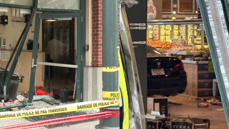 The damaged entrance of a West Vancouver Whole Foods is shown is a CTV News image on the left. A car inside the store is shown on the right in a photo submitted by Lukasz Paprocki