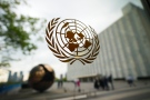 A UN logo is pictured on a window at the United Nations in New York on Thursday, April 27, 2023. THE CANADIAN PRESS/Sean Kilpatrick