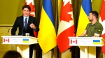 Prime Minister Justin Trudeau, left, speaks during a joint media availability with Ukrainian President Volodymyr Zelenskyy at in Kyiv, Ukraine, on June 10, 2023. (THE CANADIAN PRESS/Frank Gunn)