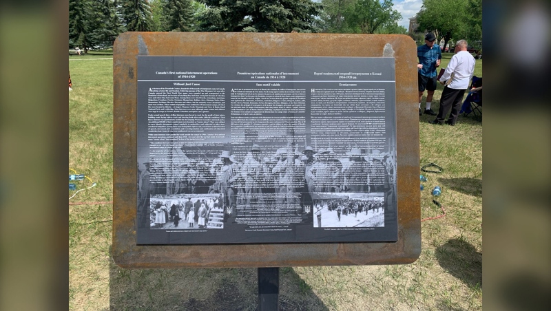 An interpretive panel dedicated to remembering internment operations was installed in the Ukrainian Pioneers Park in the northeast. 