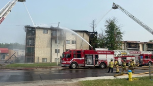 Fire at a north Edmonton apartment caused traffic delays in the area on June 10, 2023. (Galen McDougall/CTV News Edmonton)