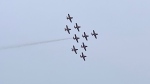 The Canadian Forces Snowbirds fly in formation over Kempenfelt Bay in Barrie, Ont., on Sat., June 10, 2023. 
