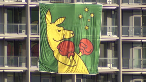 A flag of Australia's boxing kangaroo is seen flying over the Vancouver Olympic athletes villages. Feb. 5, 2010. 