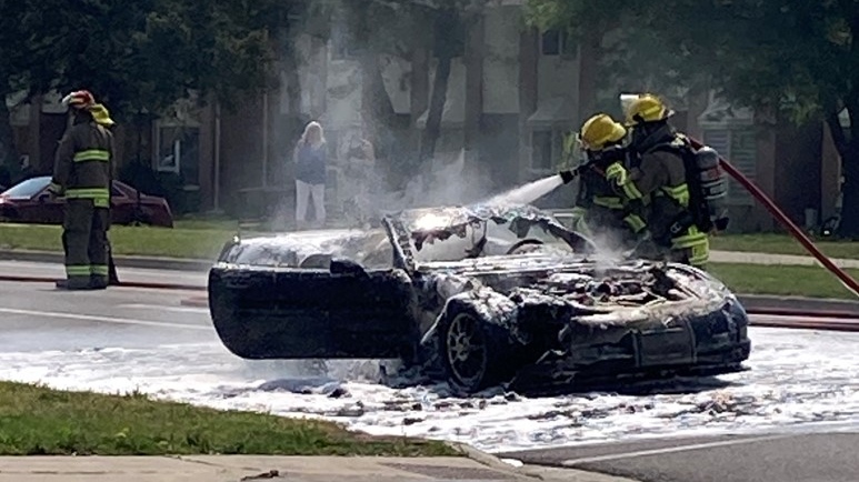 Firefighters at the scene of a corvette fire in Cambridge on June 17, 2023. (Courtesy: Brad Hillier)