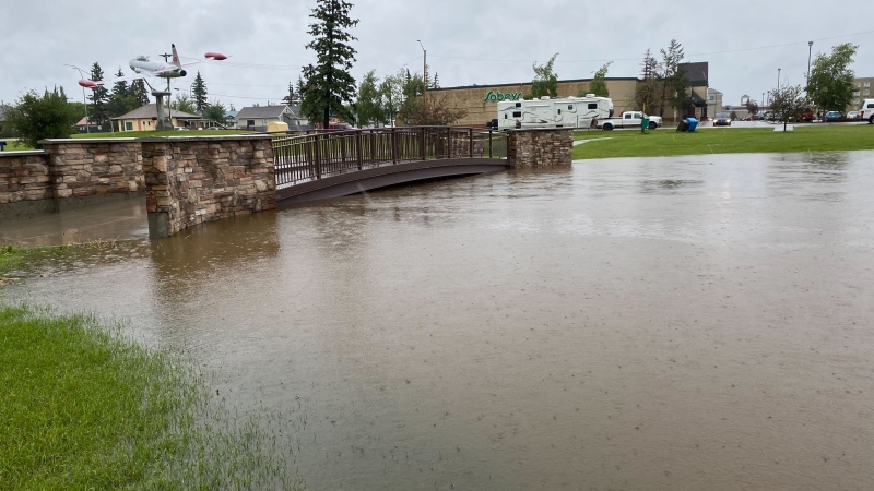 Flooding in the Town of Edson on Monday, June 19, 2023, after more than 85 mm of rain. (Alison MacKinnon/CTV News Edmonton)