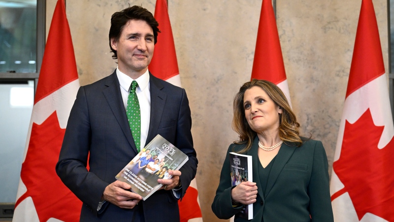 Prime Minister Justin Trudeau and Deputy Prime Minister and Minister of Finance Chrystia Freeland participate in a photo op before the tabling of the Federal Budget in the in the House of Commons on Parliament Hill in Ottawa, on Tuesday, March 28, 2023. THE CANADIAN PRESS/Justin Tang 