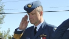 Col. Russ Williams gives a salute of respect and homage to the Air Commodore Leonard J. Birchall Cairn at the Battle of Britain parade, Sept. 20, 2009.