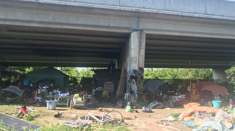 A Guelph homeless encampment under the Hanlon Expressway remains intact beyond the expected eviction deadline on July, 4, 2023. (Chris Thomson/CTV News)