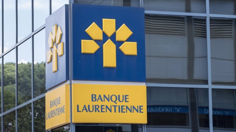 The Banque Laurentienne or Laurentian Bank logo is pictured in Montreal on June 21, 2016. THE CANADIAN PRESS/Paul Chiasson