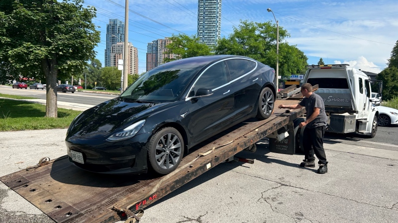 The battery of an Ontario driver's Tesla died, locking the occupants in the car earlier in July (Supplied). 