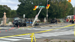 Emergency crews at the scene of a fiery crash at the intersection of St. Laurent Boulevard and Montreal Road on Wednesday, Aug. 2, 2023. Two adults were pronounced dead at the scene and one woman was sent to hospital in critical condition. (Adam Zuccala/CTV Morning Live Ottawa)