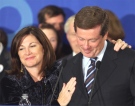 Ontario PC Leader John Tory is consoled by his wife Barbara Hackett as he delivers his concession speech in Toronto on Oct. 10, 2007. (CP / Adrian Wyld)