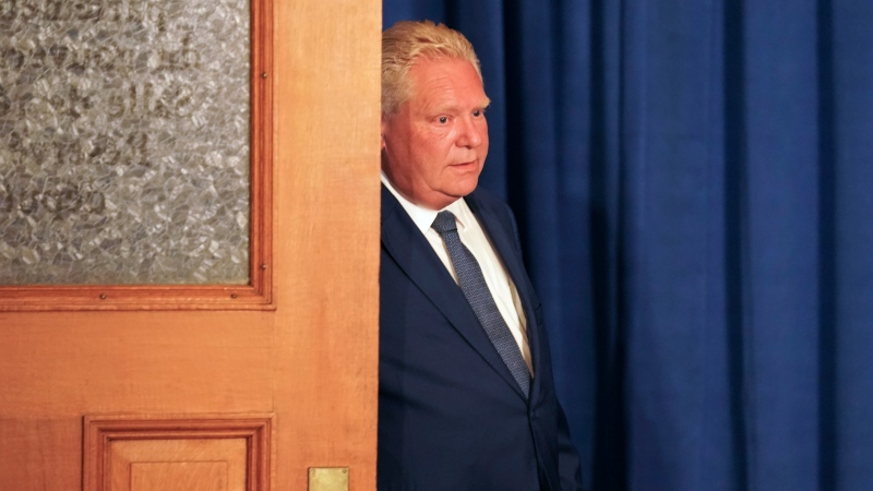 Ontario Premier Doug Ford arrives at a press conference following the release of the Auditor General’s Special Report on Changes to the Greenbelt, at Queens Park, in Toronto, Wednesday, Aug. 9, 2023. THE CANADIAN PRESS/Arlyn McAdorey 