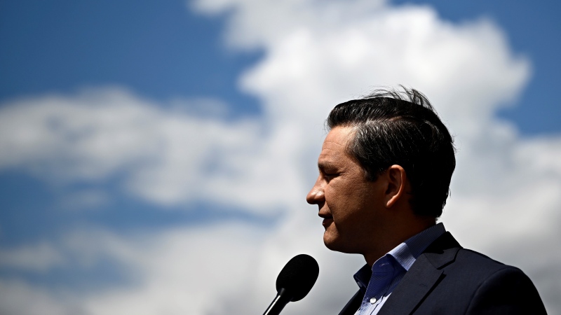 Conservative Leader Pierre Poilievre speaks at a news conference outside West Block on Parliament Hill in Ottawa, Tuesday, Aug. 1, 2023. (THE CANADIAN PRESS/Justin Tang)