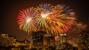 Ukraine's fireworks from Les Grands Feux du Casino Lac-Leamy as seen from a rooftop on Range Rd. in Ottawa's Sandy Hill neighbourhood on Wednesday, Aug. 16, 2023. (Bernie Payette/CTV Viewer)