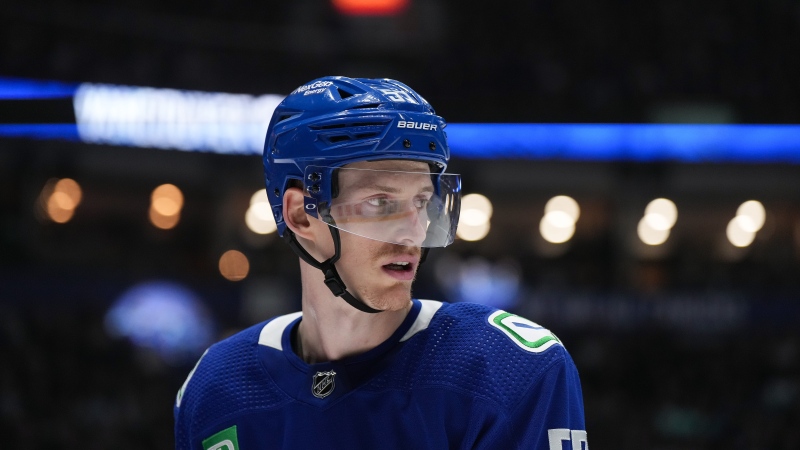 Vancouver Canucks' Tyler Myers waits for a faceoff during the second period of an NHL hockey game against the Seattle Kraken in Vancouver, on Tuesday, April 4, 2023. THE CANADIAN PRESS/Darryl Dyck