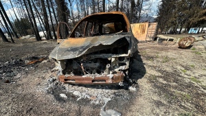 A burned vehicle is seen in Scotch Creek, B.C., Wednesday, Sept. 6, 2023. (Melanie Nagy)