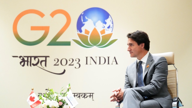 Prime Minister Justin Trudeau takes part in a bilateral meeting with president of World Bank Ajay Banga at the G20 Summit in New Delhi, India on Saturday, Sept. 9, 2023. THE CANADIAN PRESS/Sean Kilpatrick