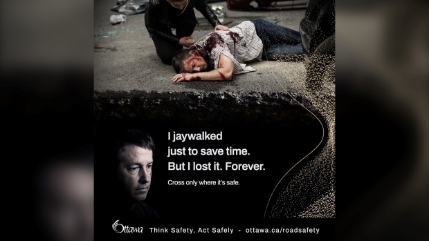 Two councillors are calling on the city of Ottawa to remove a social media test ad focusing on pedestrian jaywalking.  One ad features an artist depiction of a bloodied pedestrian lying on the ground after being struck by a vehicle. (City of Ottawa)