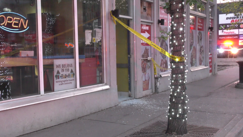 A 118 Avenue business showed damage Friday night after multiple gunshots were reported in the area. (CTV News Edmonton)