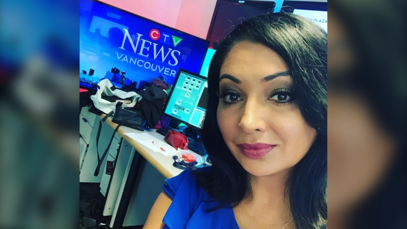 Kuljeet Kaila poses in the CTV News Vancouver newsroom in an image shared on her Instagram account. 