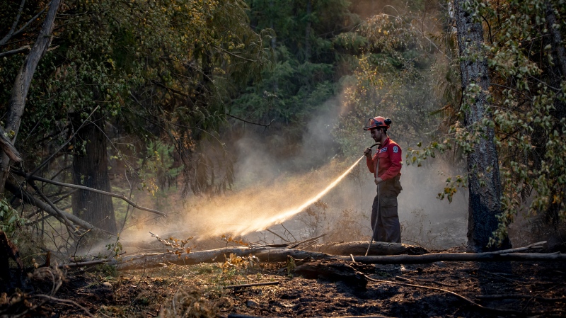 FILE: Wildland firefighter Sasha Terhoch sprays water on hot spots remaining from a controlled burn the B.C. Wildfire Service conducted on Aug. 25, 2021. THE CANADIAN PRESS/Darryl Dyck