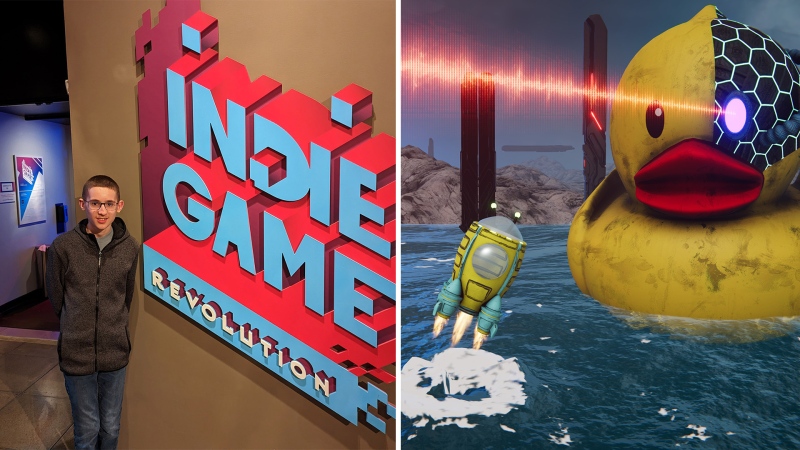 Maximus Trest, creator of the video game "Astrolander" at the Museum of Pop Culture (MoPOP) in Seattle, WA (left) and a screengrab of the game (right).