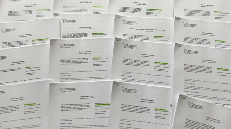 This photo shows contracts between B.C. health authorities and private, for-profit health-care temp agencies. 
